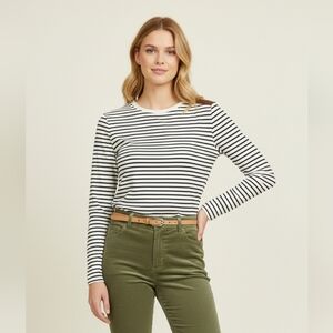 Ralph Lauren Sued Trim Striped Long Sleeve Top